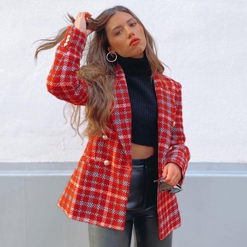 

Ardm Coat Women 2020 Fashion Double Breasted Check Tweed Blazers Coat Vintage Long Sleeve With Buttons Female Outerwear Chic Top, Red