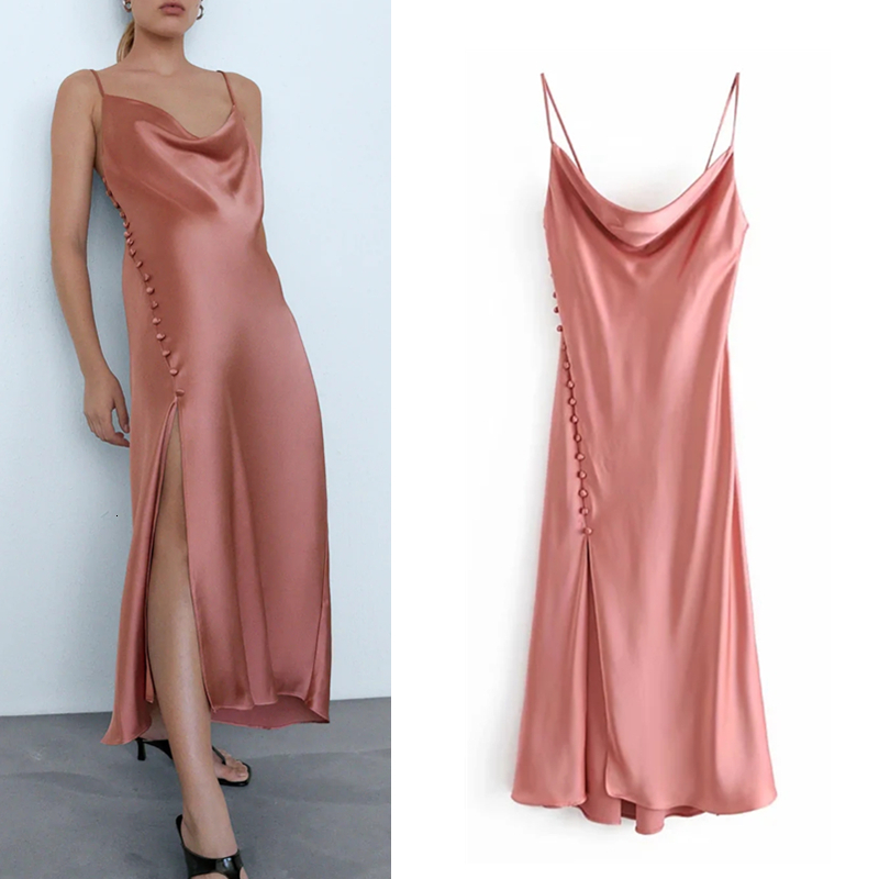 

2021 New Satin Camisole Women Fashion Backless Sexy Slip Dress Woman Vintage Button Hem Side Vents Elegant Party Dresses 702d, Coral red