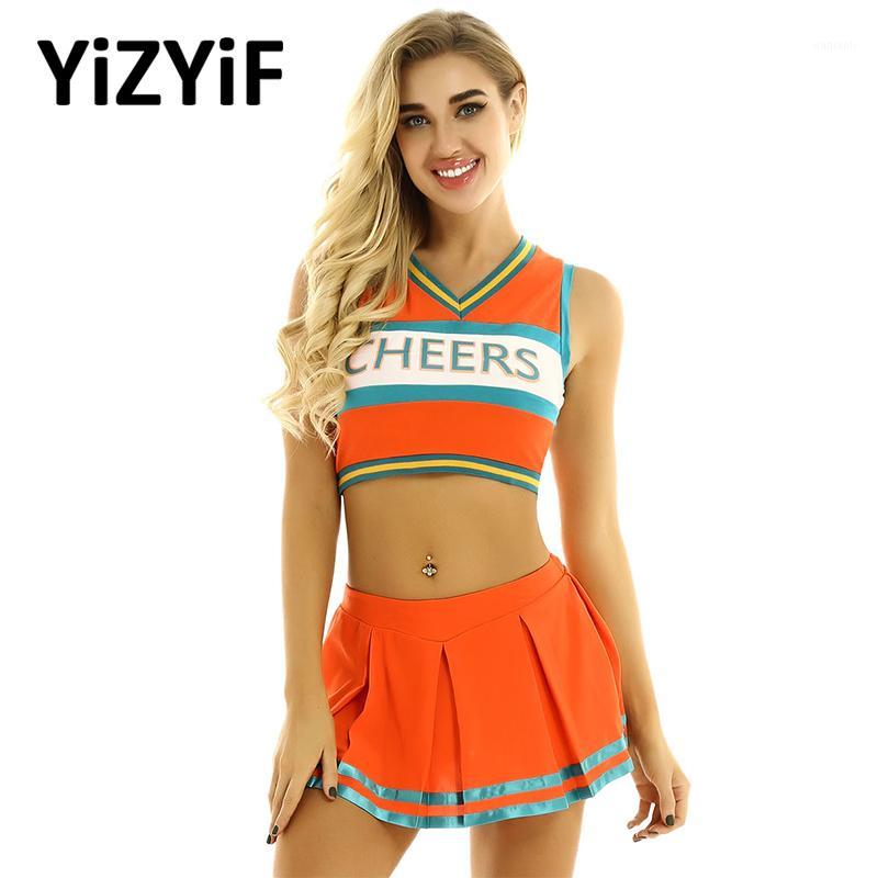 

Cheerleading Women Cheerleader Costume Cheer Uniform Suit Cosplay Rave Outfit V Neck Sleeveless Crop Top With Mini Pleated Skirt For Dancing