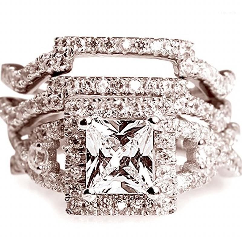 

Cluster Rings Luxury 925 Sterling Silver Square Simulated Diamond For Women Design Wedding Anniversary Bride Ring Finger 3-in-1 Jewelry, Golden;silver