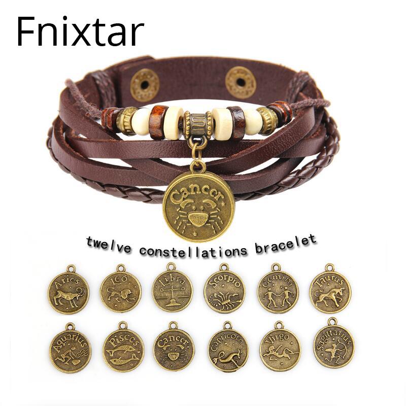

Fnixtar New Fashion 12 Zodiac Charms Bracelets Leather Bracelets for Women Men 22cm Length Punk Brown Constellation Men Jewelry