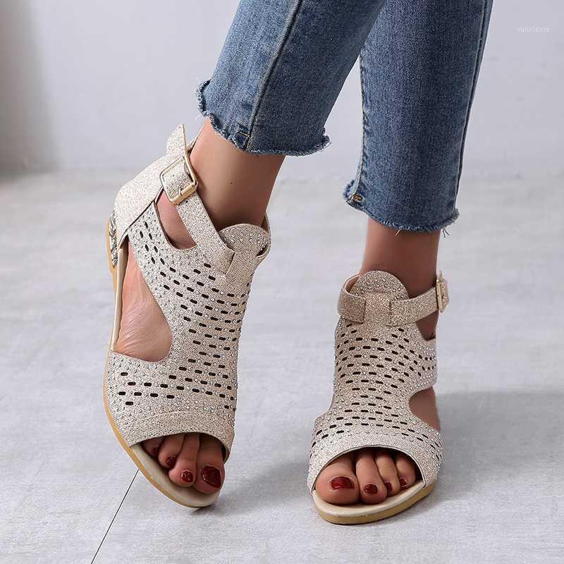 

Women Summer Sandals Platform Wedges Low Heel Peep Toe Hollow Out Crystal Ankle Buckle Sexy Dress Ladies Shoes Zapatos De Mujer1, Beige