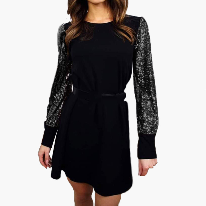 

2021 New Women Spring Long Sleeve Sequined Patchwork Female Casual Loose Black Office Ladies Solid Party Vestidos J350, 02
