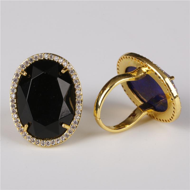 

oval cut faceted black obsidian stone bead charm pave white cz crystal rim cycle open finger gold ring cuff for women