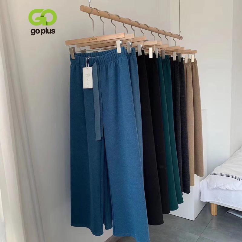 

GOPLUS Autumn New Alpaca Wool Wide-leg Pants For Women Loose Trousers High Waist Pants Winter Plus Size Elegant Capris Joggers, Blue