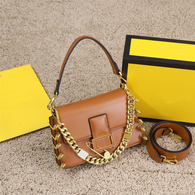 

Women Baguette Crossbody Bag Chain Handbags Flap Shoulder Bags Cowhide Leather Pin Decorate High Quality Small Tote Purse Solid Color, A box