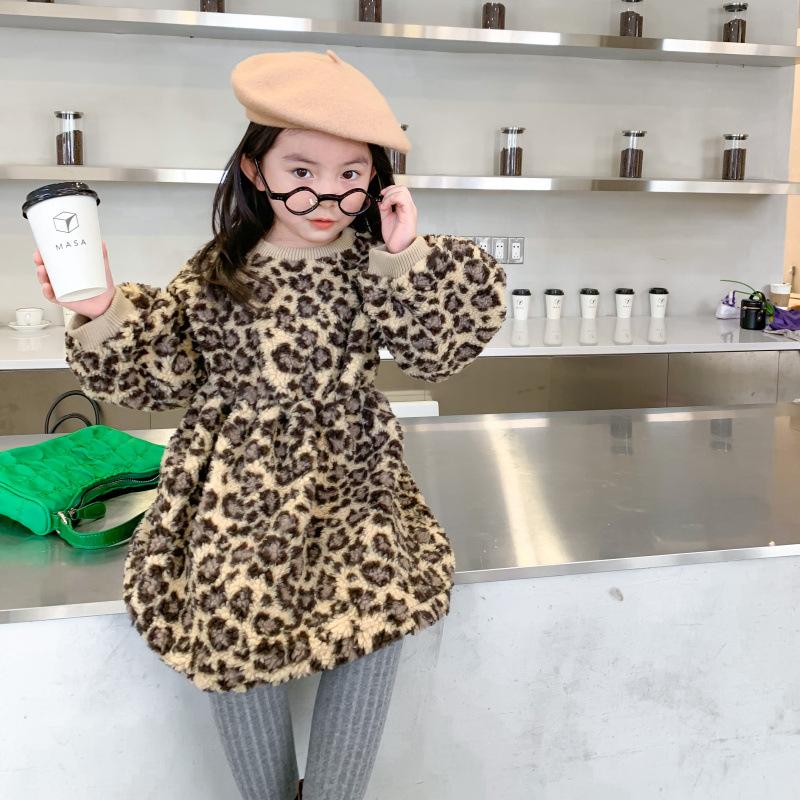 

Toddler Baby Girls Dress Leopard Autumn Girls Dresses Lambs Wool Baby Clothes Winter Thick Warm Toddler Clothing Cotton, Beige
