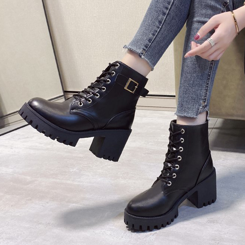 

Black Top plutonium leather ankle for the women chunky platform buckle biker boots dwaterproof woman water office shoes ladies
