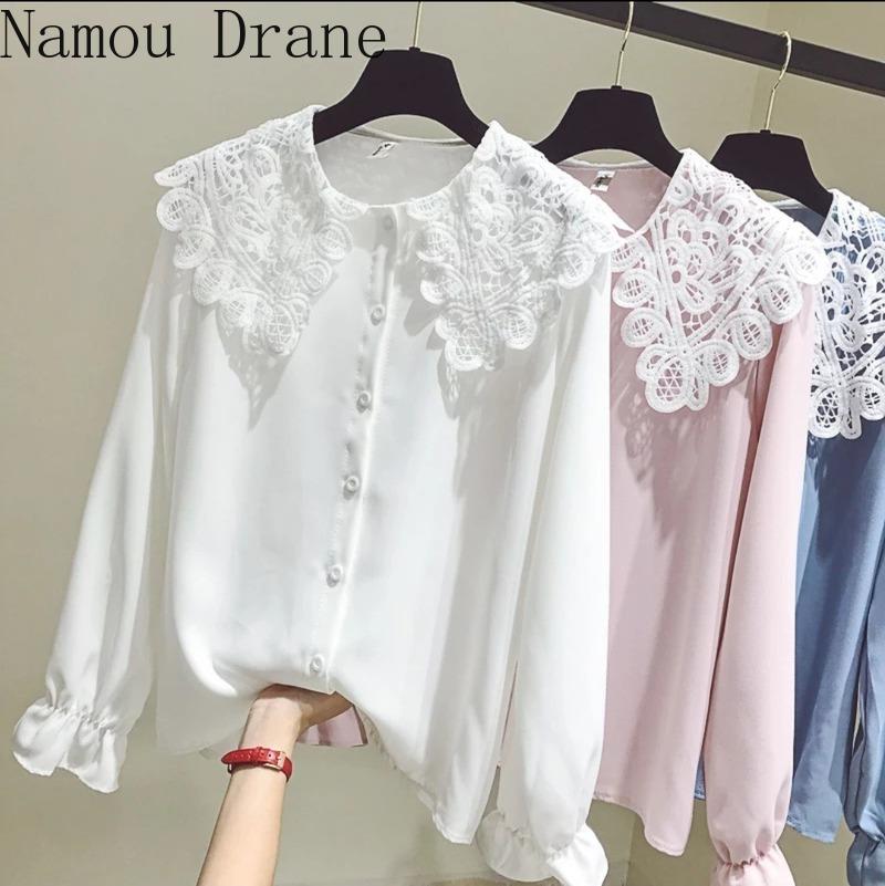 

Blusas Mujer Korean Sweet Long Sleeve Shirts Lace Patchwork Single Breasted Blouse Casual Fashion Tops Female, Light blue shirt
