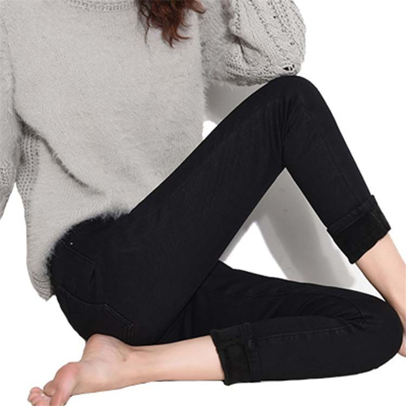 

2021 New Black Streetwear Thick Velvet Waist High for Women Winter Warm Jean Jeans Ladies Hot Pants 9NW8, 699 black