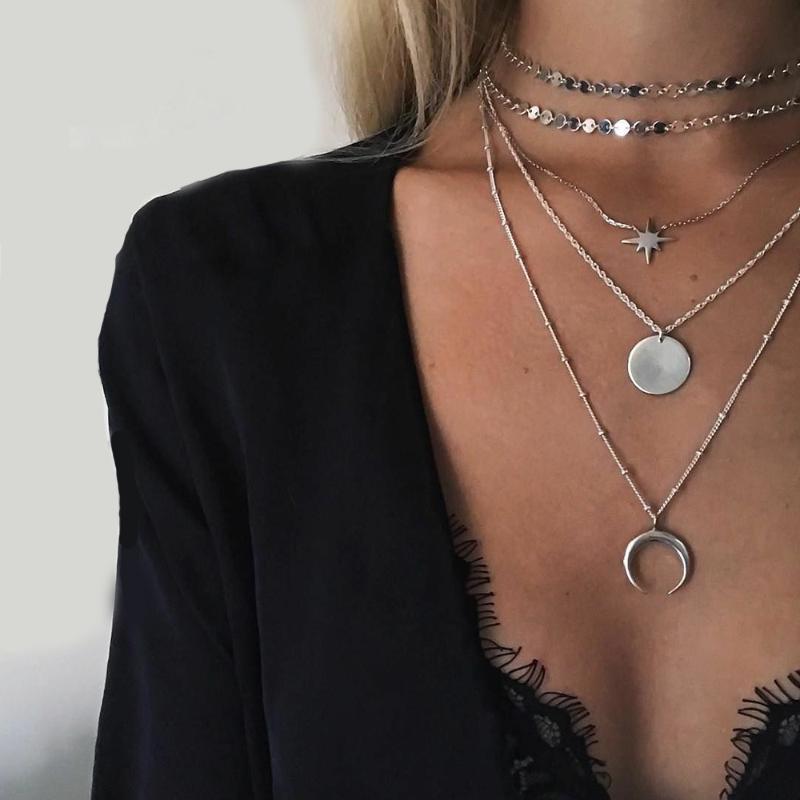 

5 Pcs/Set Bohemian Women Necklaces Moon Round Stars Pendant Sequins Clavicle Chain Gold Necklace Set Charm Valentines Day Gift