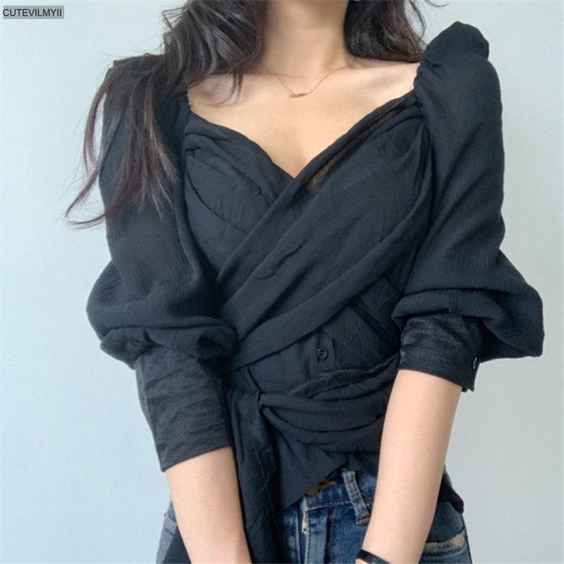 

Women Sexy Cross Lace Up All-Match Brief Chic Spring Autumn High Waist Female V-Neck Office Lady Streetwear White Shirts