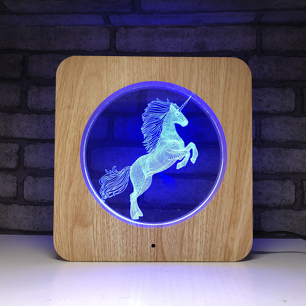 

2021 New 7 Colorful Changing for Bedroom Unicorn with Wood Frame Kids Led Table Lamp Touch 3d Night Light 2ygx