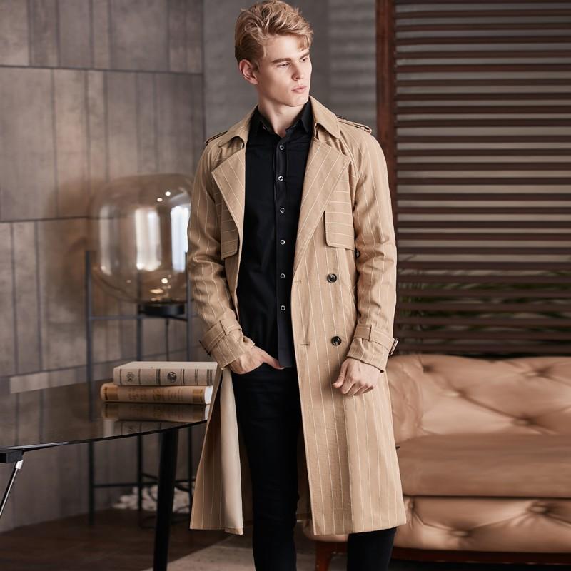 

Minglu Autumn Winter Mens Trench High Quality Overlength Loose Raglan Stripe Male Jackets Plus Size 6xl Fashion Casual Man Coats, Beige