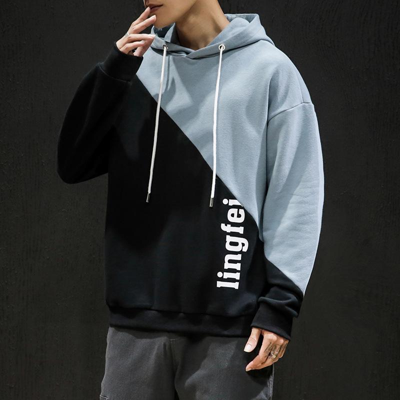

2020 Autumn Winter New Men's Sweatwear Letter Print Hooded Stitching Color Trendy Hoody Boys Teens Long Sleeve Clothes, Blue