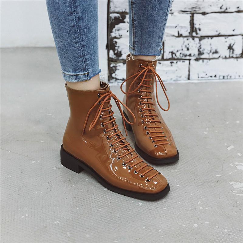 

YMECHIC 2020 Cross Tied Ladies Boots Chunky Heels Black Yellow Square Toe Gothic Street Ankle Motorcycle Boots Winter Booties
