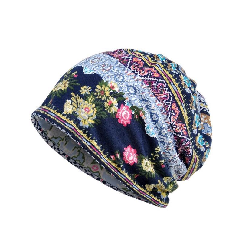 

Four Seasons Women Skullies Cotton Casual Style Printed Pattern Road Hedging Cap Comfortable Female Hats, Blue