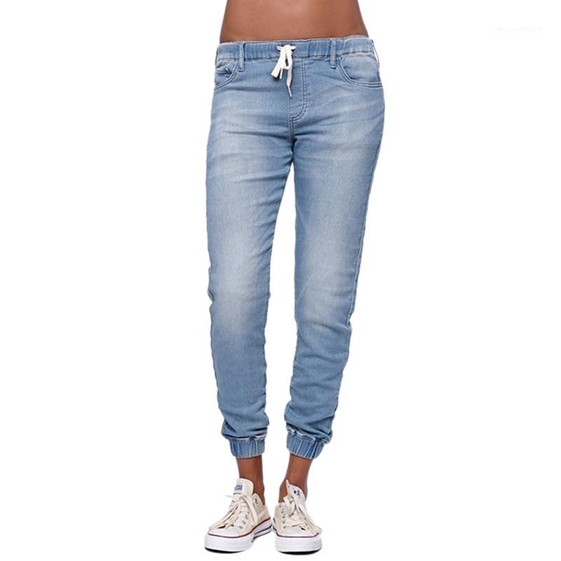 

Women Casual Jogger Pants Drawstring Elastic Waisted Jeans Solid Ladies Denim Pants Slim Leggings1, Light blue