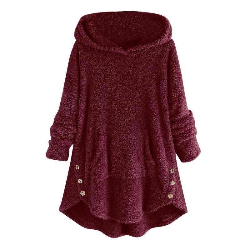 

Autumn Winter Warm 5XL Plus Size Women Fleece Solid Color Plush Button Hem Plus Size Pockets Hoodie Top Sweatshirt Blouse 2020, Brown