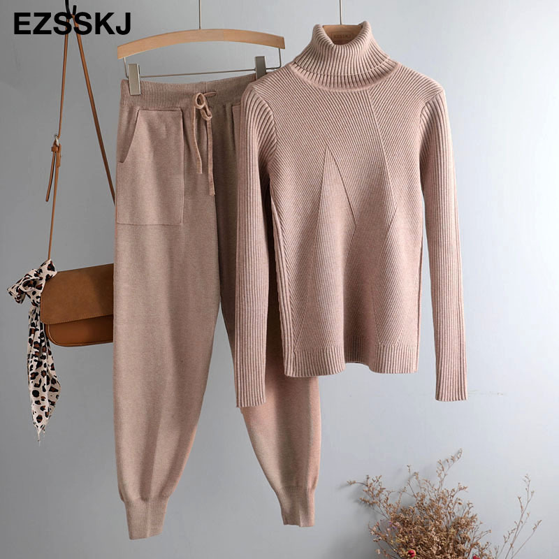 

turtleneck sweater 2 Pieces Set women chic Knitted Pullover top + Sweater pants Jumper Tops+ trousers sweater suits 201120, Yellowkhaki