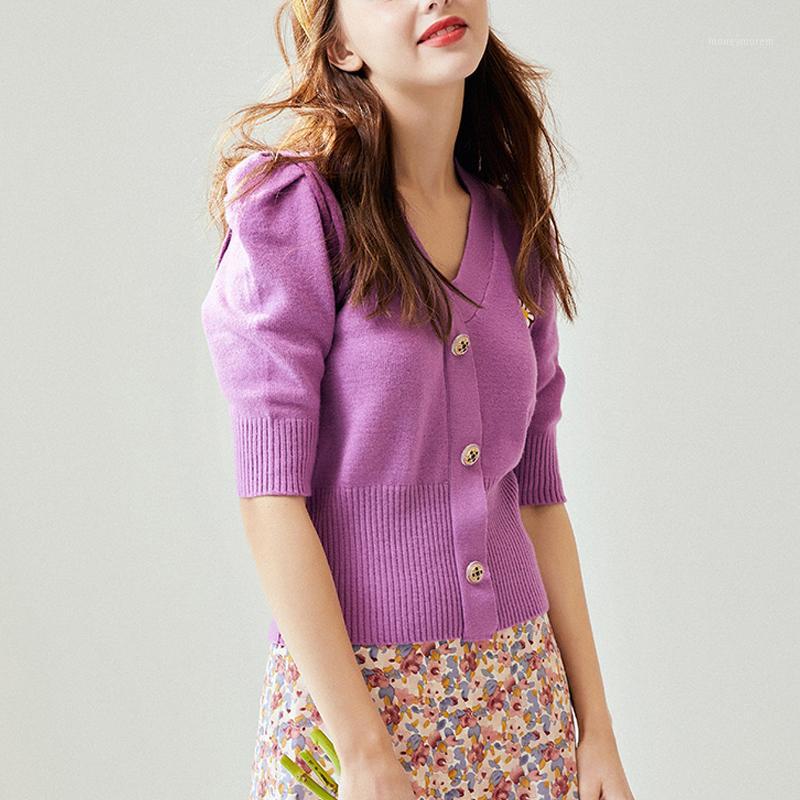 

Women Sweet V Neck Puff Sleeve Cardigan in Violet1, Turquoise