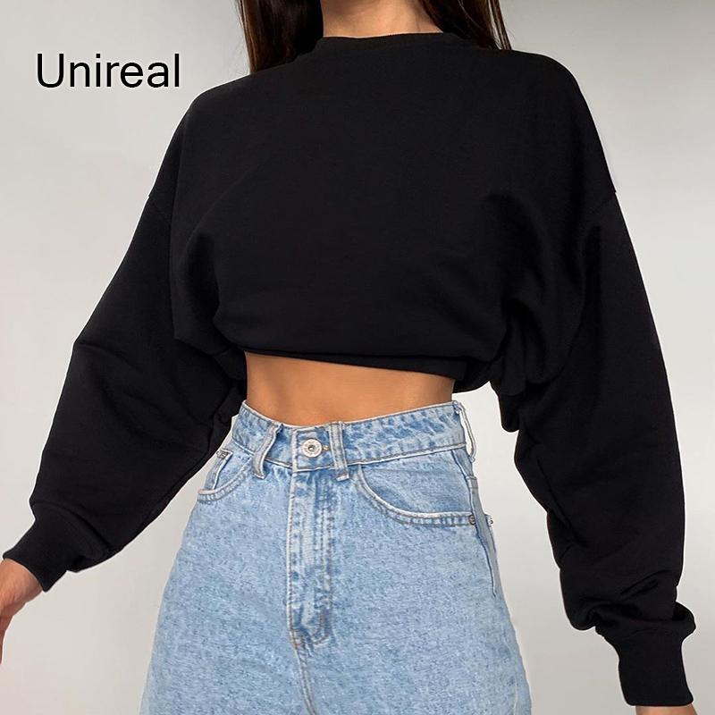 

Women' Hoodies & Sweatshirts Womens Fashion Style Pullover Unireal 2021 Autumn Women Cropped Sweatshirt Short Black Tops Streetwear