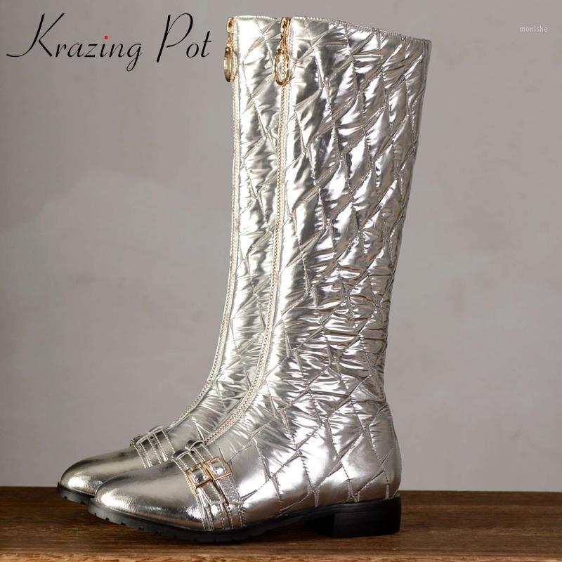 

Krazing Pot new large size riding boots buckle decorations round toe thick low heel convenient daily wear knee high boots L111, Black