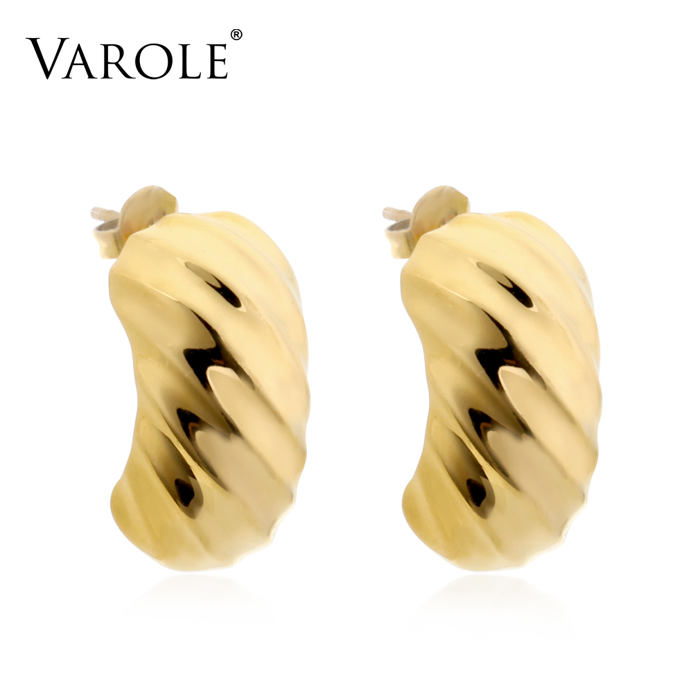

VAROLE Threaded Stainless Steel Hoop Gold Silver Color Circle Drop Earrings For Women Jewelry Brincos