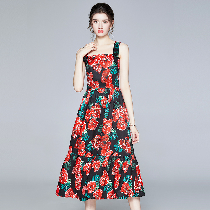 

Merchall 2021 New Spring Summer Runway Red Anthurium Print Women's Spaghetti Strap Sexy Midi Vestidos Vhkc, Red (0.38 kg)