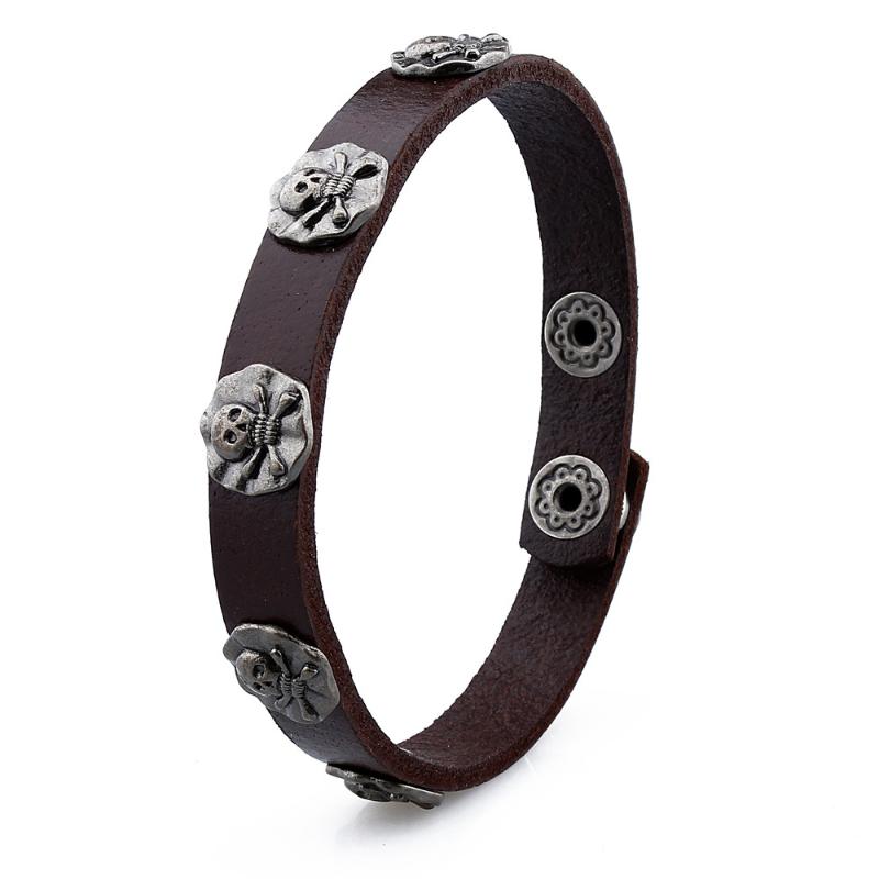 

HAWSON Men's Leather Bracelet Vintage Antique-Silver Color Skull Skeleton Bracelets Bangles Adjustable Wrist Hand Band