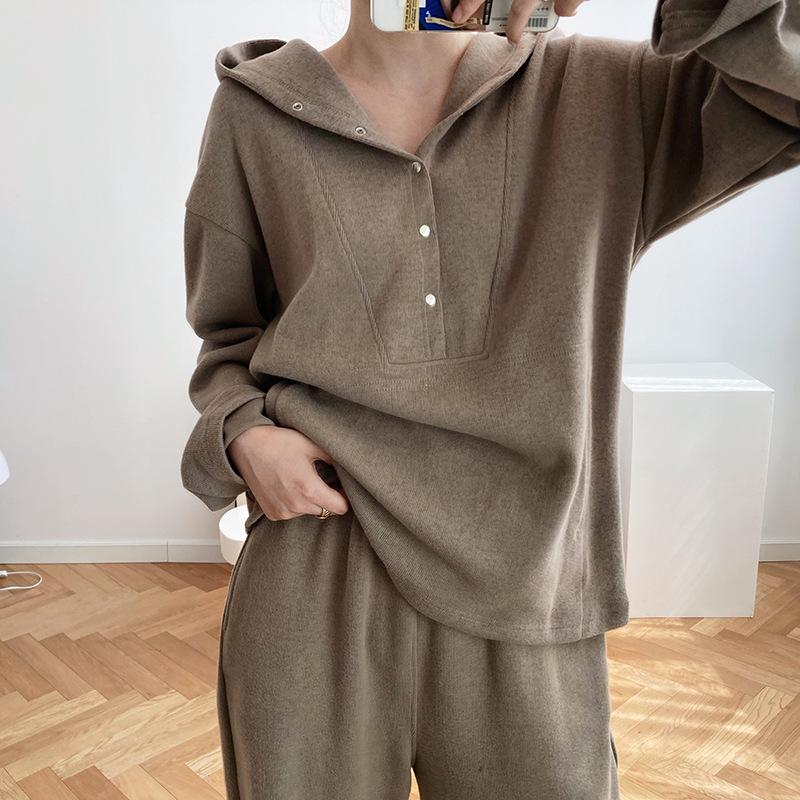 

Casual Loose Women' Sports Suit Fashion Solid Color Hooded tos + Wide Leg Pants Two-Piece Set New Commuter Suit Autumn Winter, 255
