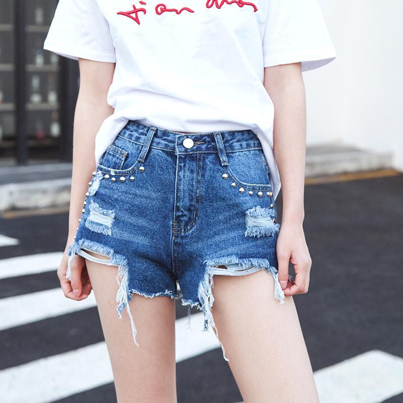 

2020 Summer Women Short Jeans High Waist Blue Black Cotton Streetwear Ripped Rivet Sexy Denim Shorts Femme Womens Clothing1, Hot blue