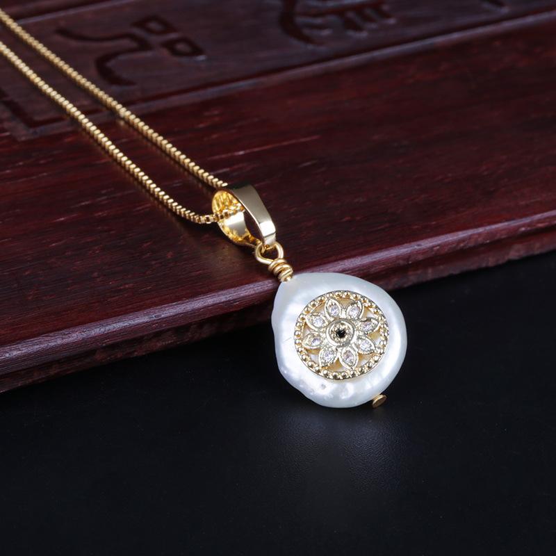 

cubic zircon paved flower lotus charm natural freshwater pearl bead dainty gold link chain pendant choker necklace for women