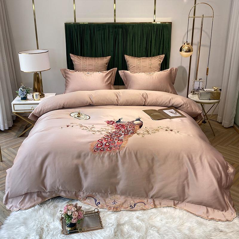 

Champagne Luxury 100S Satin Silk Cotton Oriental Peacocks Embroidery Bedding Set Duvet Cover Bed Linen Pillowcases Sheet Fitted