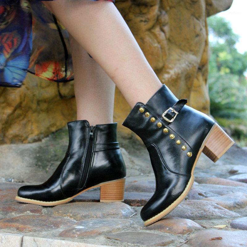 

Black Genuine Leather Crude Heel Ankle Boots Woman 2020 Round Head Side Zipper Fashion High-heeled Handmade Women's Shoes1, Black leather