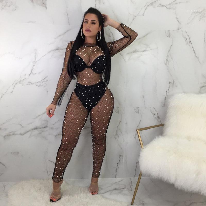 

Women' Jumpsuits & Rompers Sexy See Through Jumpsuit Women Fishnet Sheer Long Sleeve Bandage Evening Party Playsuit Ladies Clubwear, Black