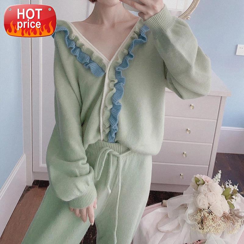 

Winter Soft Ruffle Pajamas for Women Pijama Korean 2020 Kawaii Cute Lingerie Knitting Sleepwear Nightwear Outfit Home Clothes #fg2C, Black;white