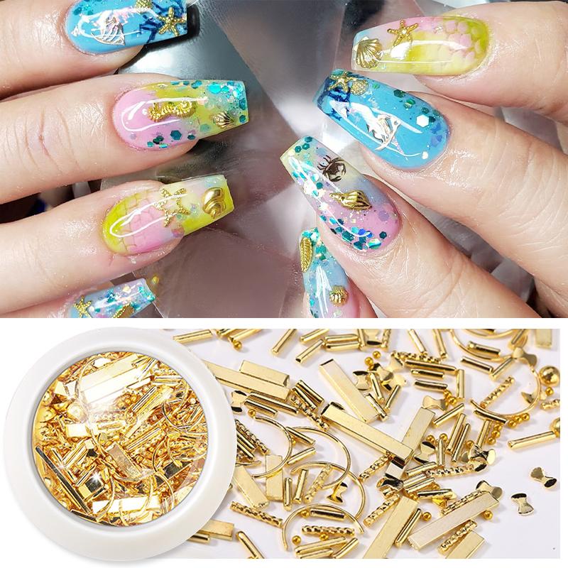 

1 Box Nail Studs Metal Gold 3D Nail Art Decorations Transparent Rhinestones Colorful Moon Star Mixed Size Art DIY