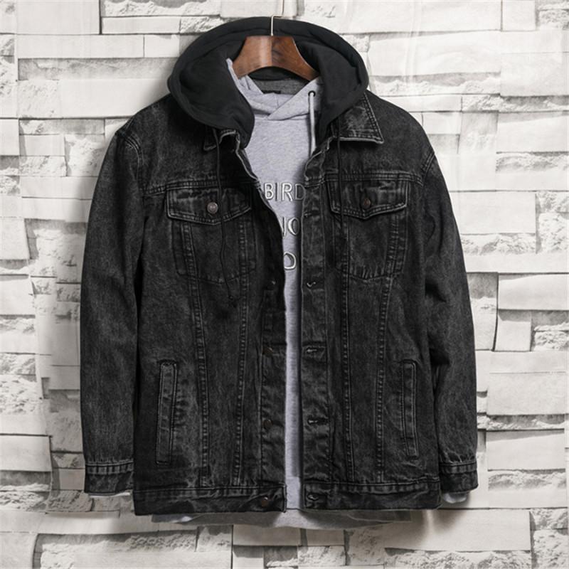 

Mens Hooded Denim Jacket Fashion Loose Black Hip Hop Casual Cowboy Coat Autumn Winter Outerwear Male Clothes