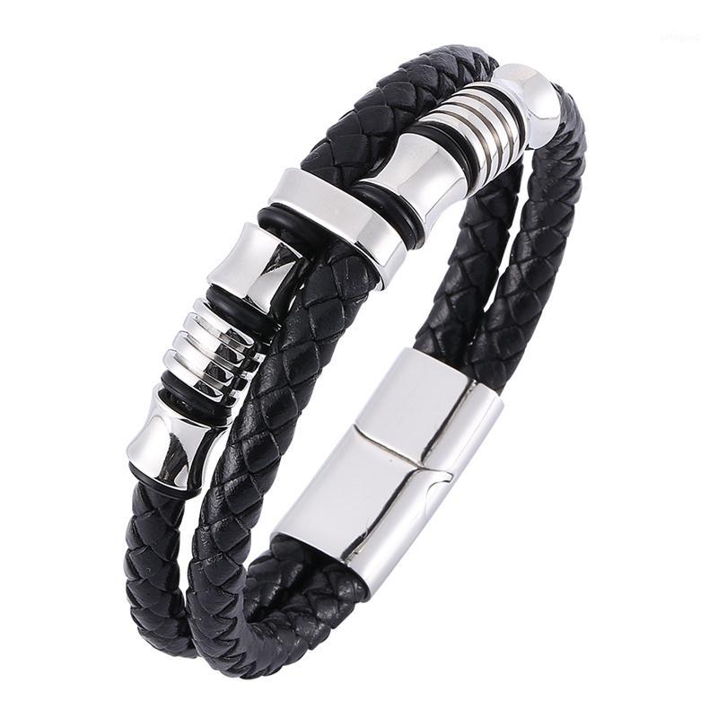 

Charm Bracelets Fashion Male Jewelry Bijoux Punk Leather Braided Bracelet Men Silver Color Stainless Steel Magnetic Clasp Man Bracelete SP00