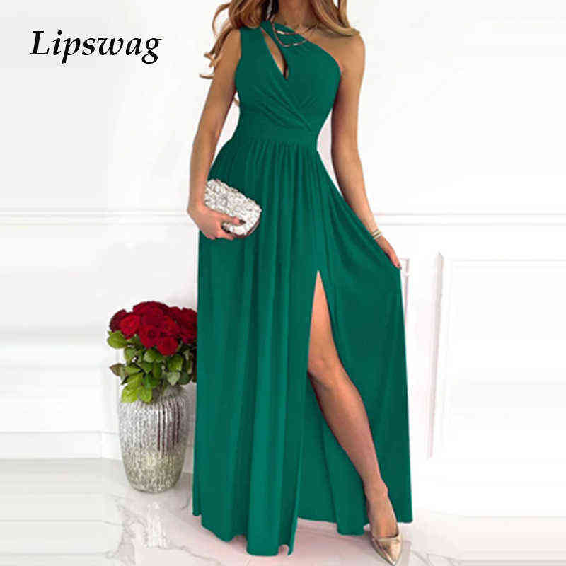 

Summer Sleeveless Draped Lady Party Dress Sexy Skew Collar Hollow Out Long Dress Women Spring One Shoulder High Slit Maxi Dress G1223, 03 blue