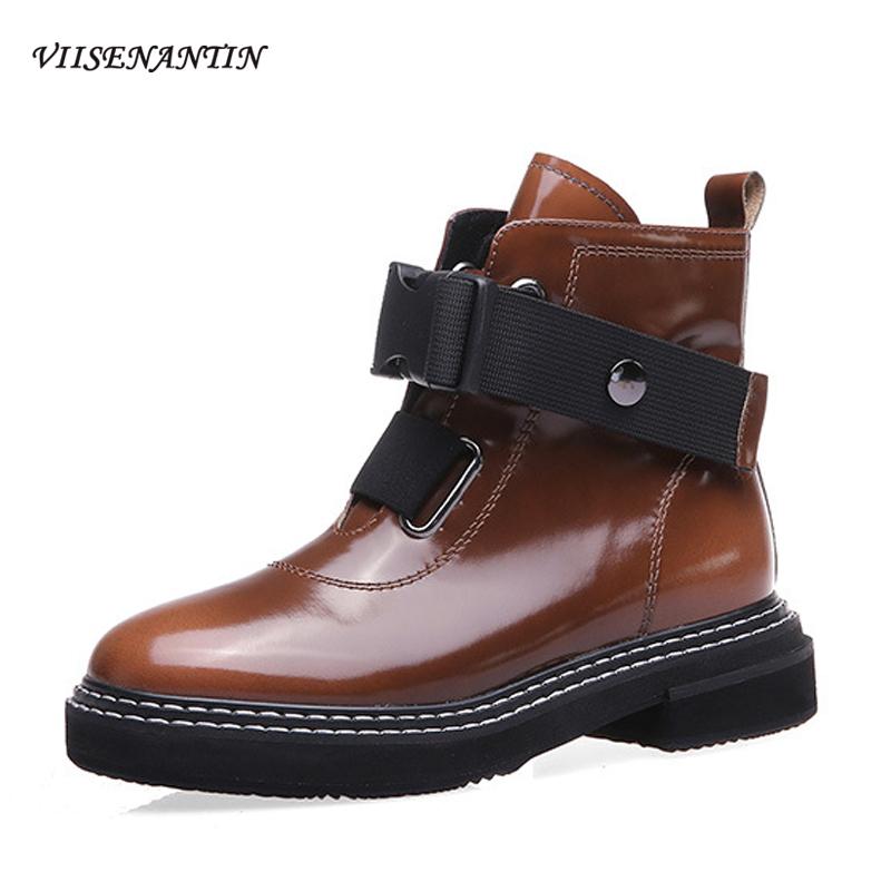 

Novelty British Style Thick-soled Short Boots Women's Autumn Winter New Style Beaded Leather Handsome Belt Buckle Ankle Boots, Black