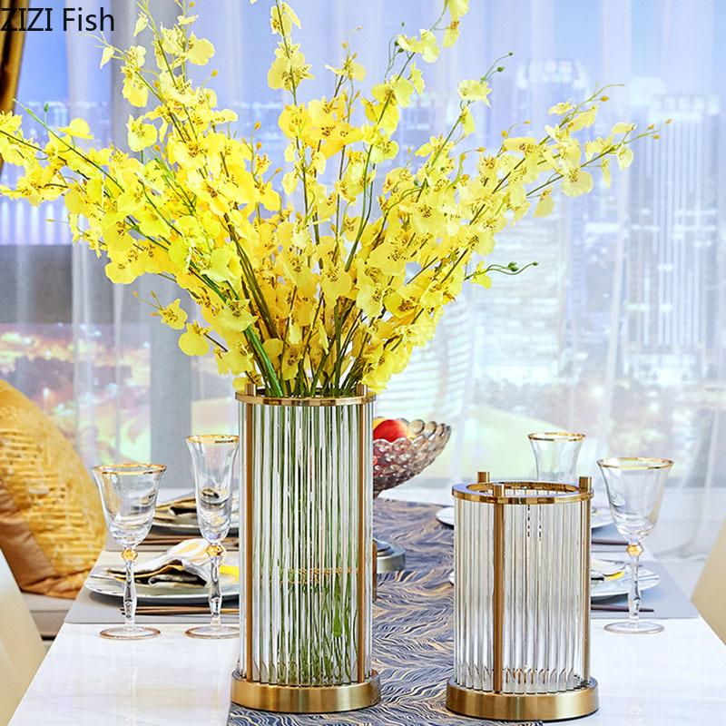 

Nordic Gold Vase Metal Stand Transparent Glass Vases Artificial Flowers Desktop Floral Arrangement Ornaments Home Decoration