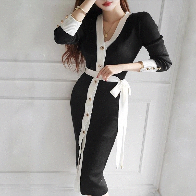 

JXMYY 2020 winter new product Korean style temperament V-neck slim single-breasted color-blocking lace-up waist sweater dress #oR2A, Black;gray
