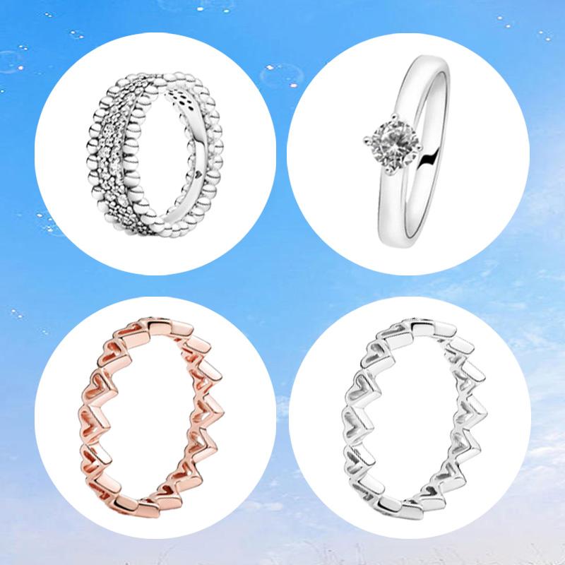 

2021 NEW Authentic 925 Sterling Silver Rings Freehand Hearts Clear Heart Solitaire Beaded Pave Band Rings Jewelry