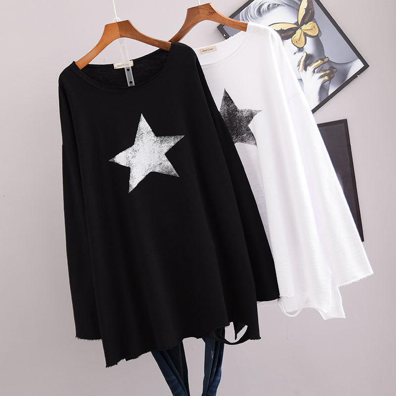 

Spring&Autumn New Ovesize Loose Long Sleeve WOMEN T-shirt Fashion Star Printed Casual Style T Shirt Plus Size Free Shipping 201125, Lettered black