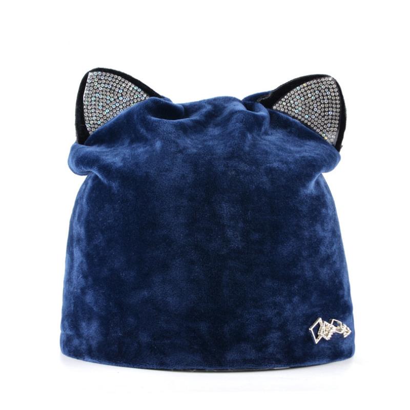 

Autumn Winter Women Beanies Cat Hat Ladies Warm Velvet Skullies Cap With Flashing Rhinestone Ear Flaps Girls Cute Bonnet Touca, Bow butterfly pink