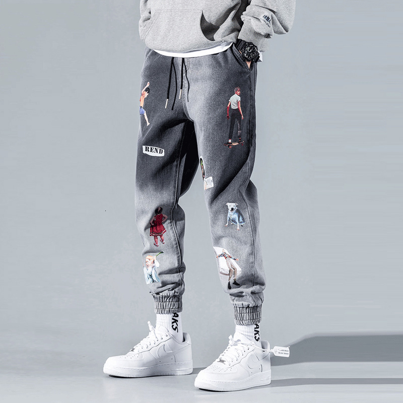 

2021 New Newly Streetwear Fashion Men Jeans Gradient Color Loose Fit Designer Printed Cargo Pants Wide Leg Harem Trousers Hip Hop Joggers Yk, Gray