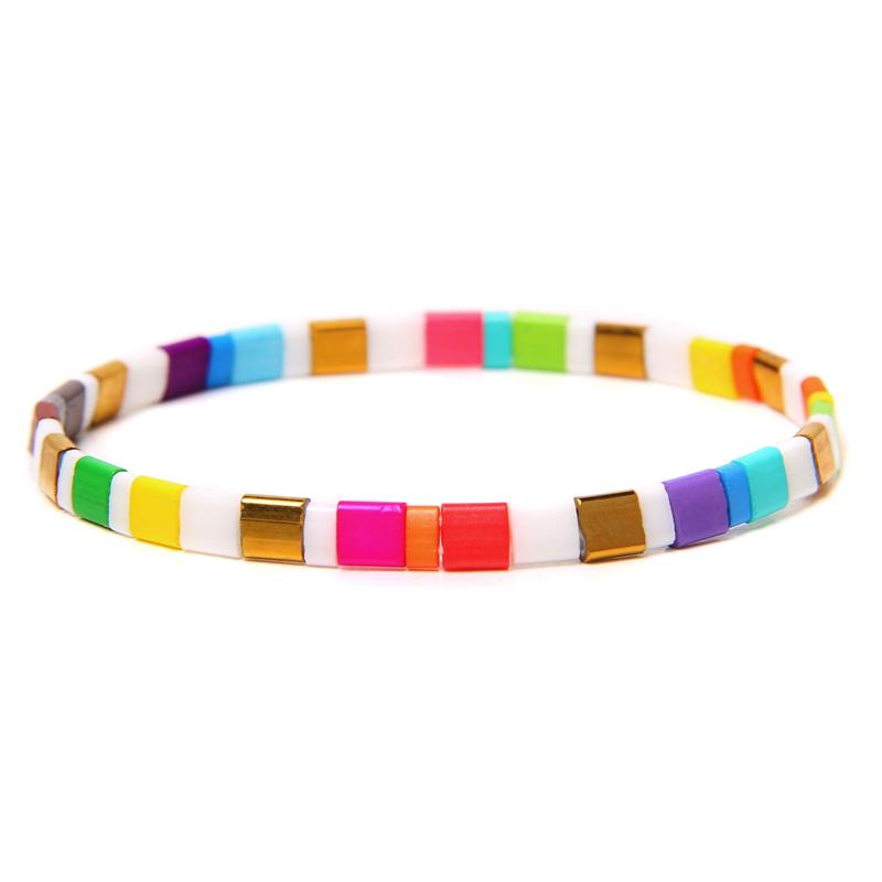 

Polished Chakra Slice Square Stone Beads Bracelets Men Fashion Vintage Elastic Jewelry Women Rainbow Stretch Wrapped Bangle Gift