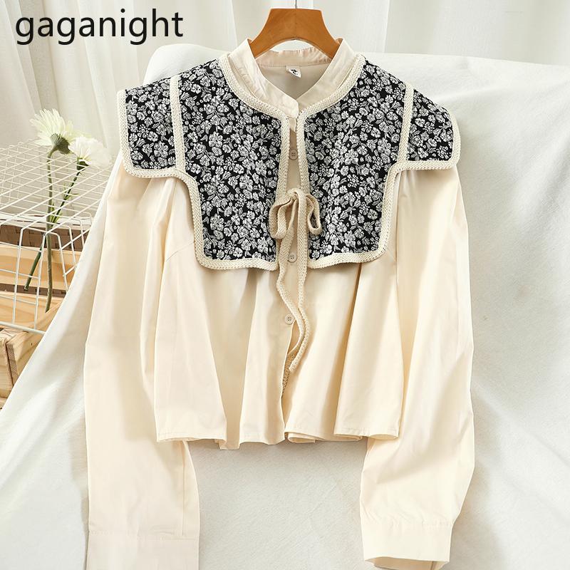 

Gaganight Vintage Women Blouse Solid Long Sleeve Crop Shirt Office Lady Blouses with Floral Shawl Fashion Shirts Korean Outwear, Black